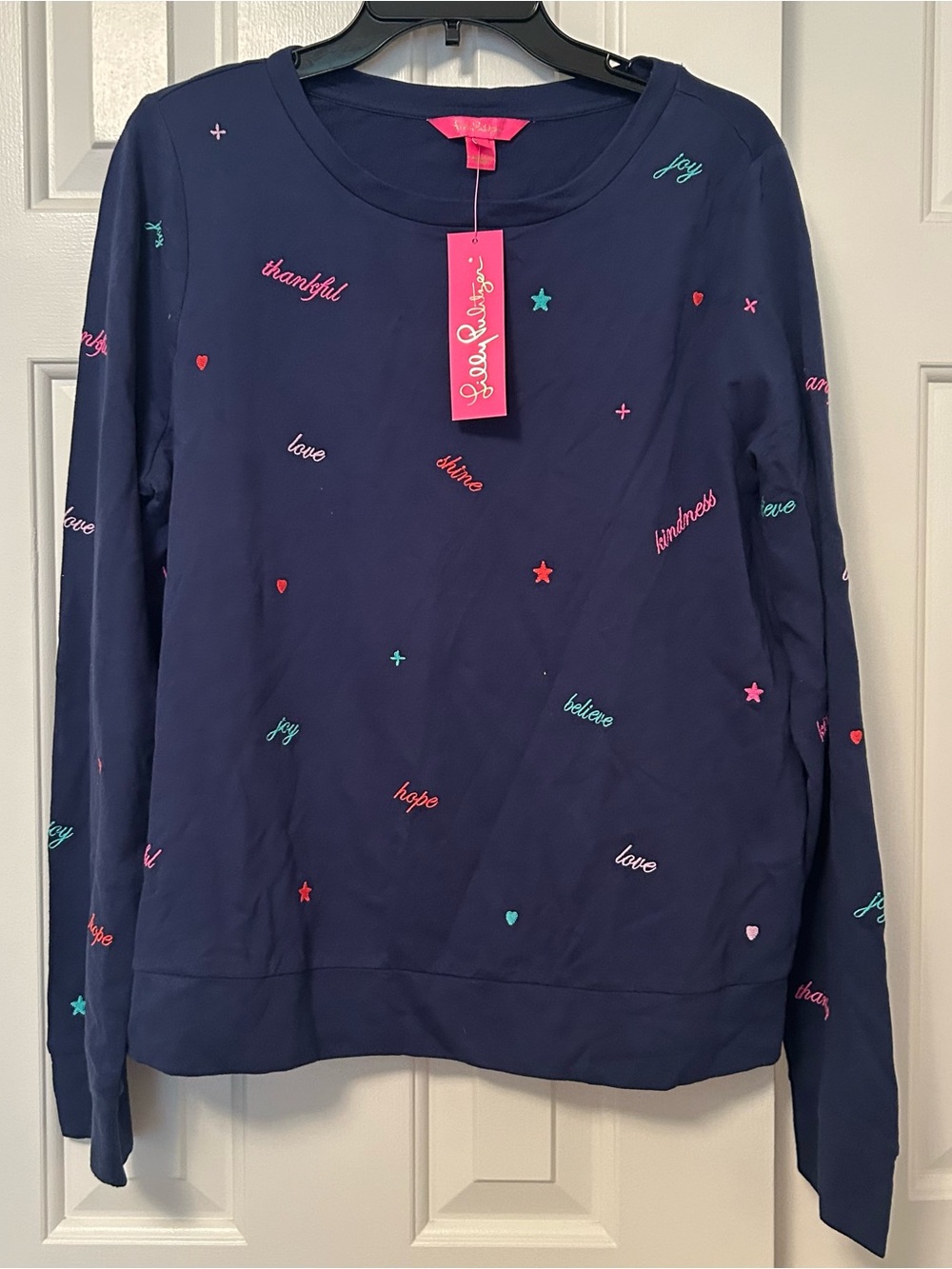 NWT Lilly Pulitzer Rami Sweatshirt Low Tide Navy Blue Good Vibes Size Large
